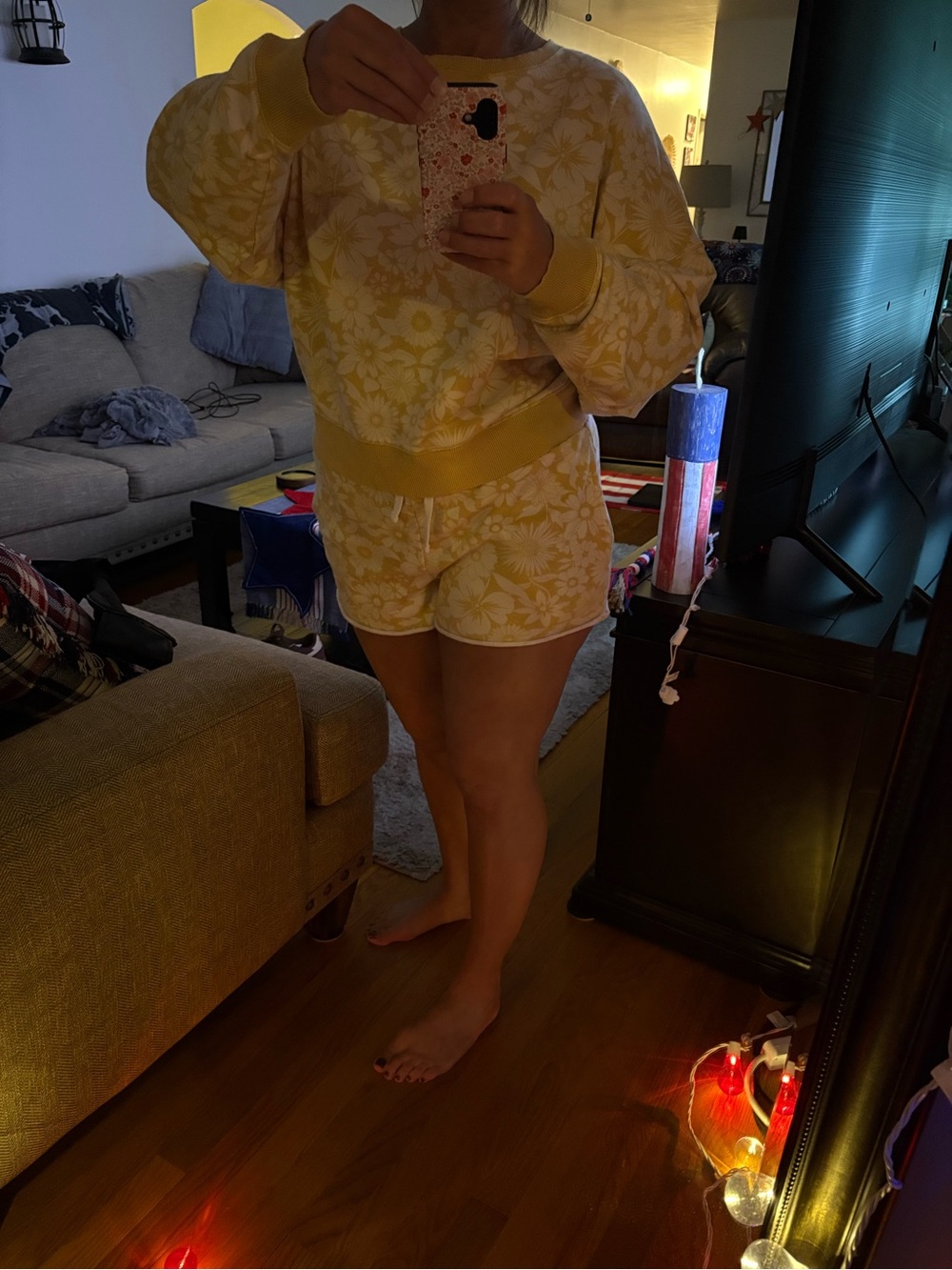 American Eagle Outfitters Yellow Floral Sweatshirt & Shorts Lounge Set